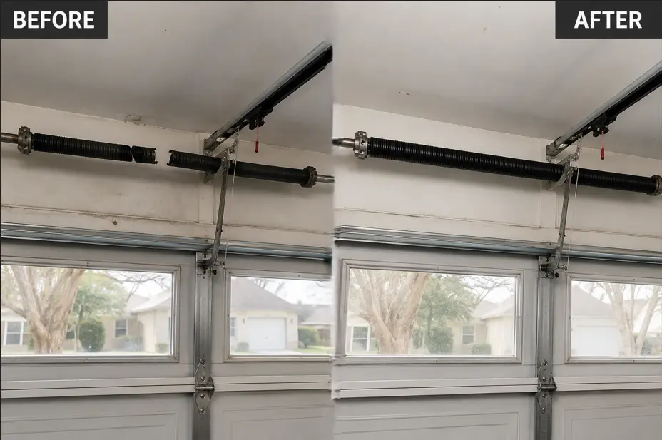 We repaired the broken spring of the garage door